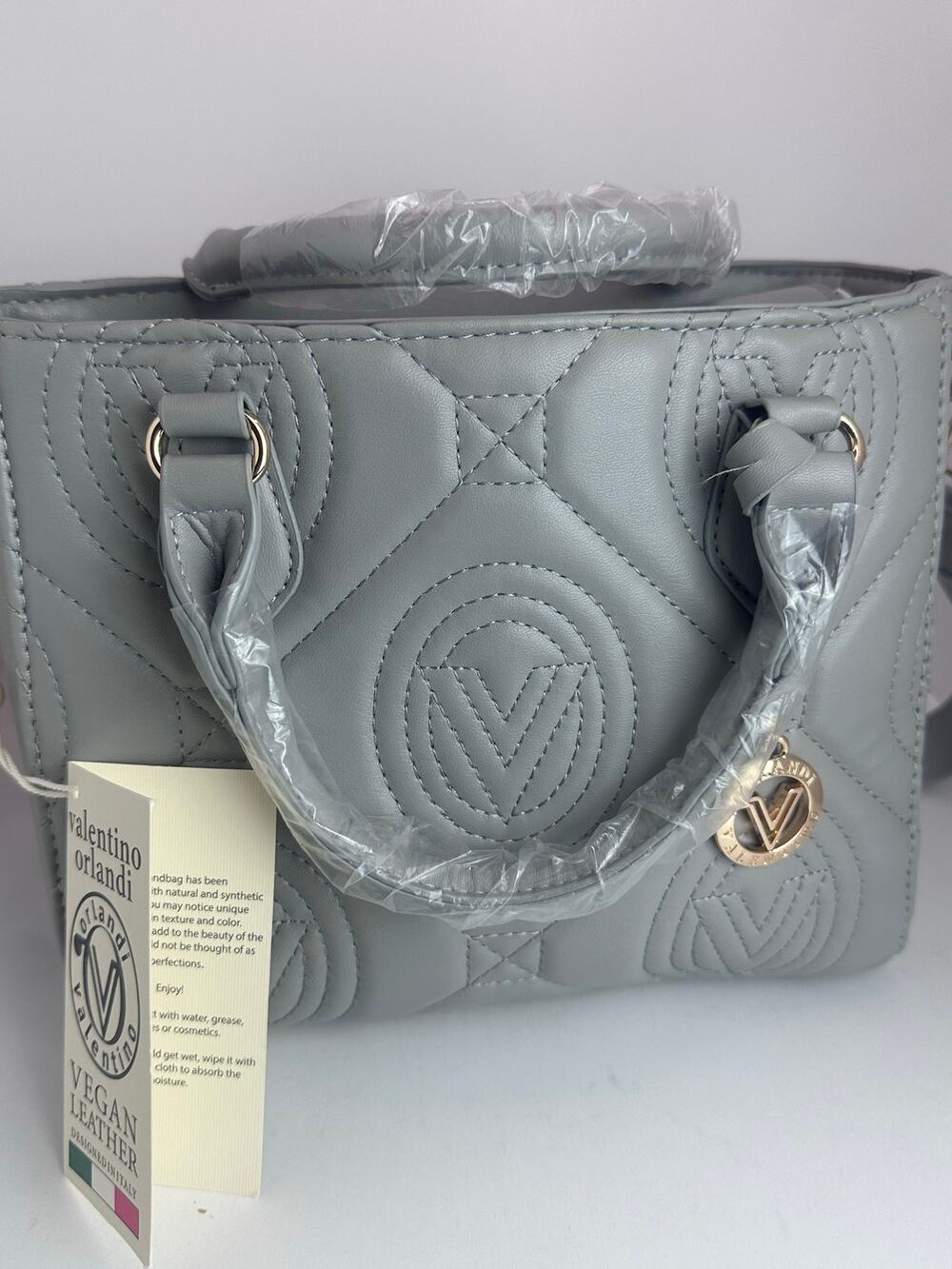 Valentino Orlandi V-2012 Light Grey Quilted Vegan Leather Satchel Mini Tote NWT